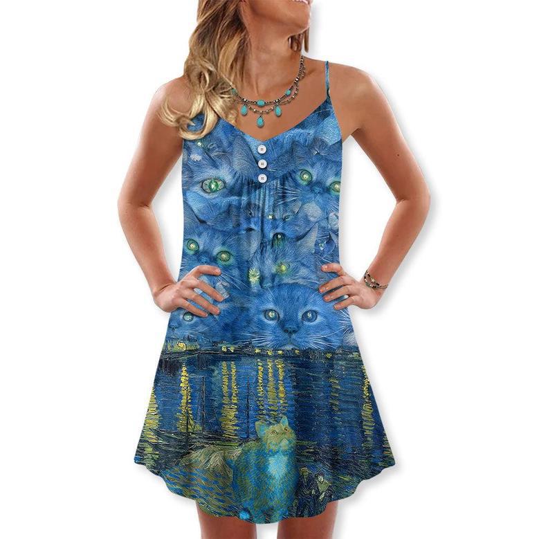 Cat Starry Night Art - V-Neck Sleeveless Cami Dress