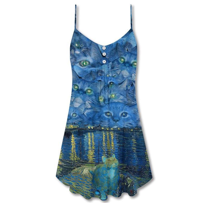 Cat Starry Night Art - V-Neck Sleeveless Cami Dress