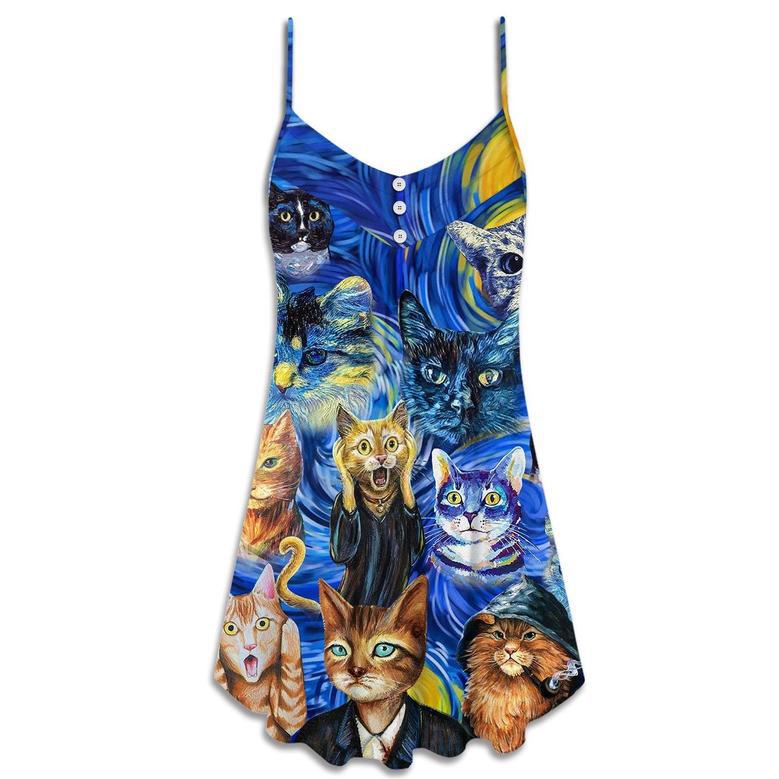 Cat Starry Night Funny Cat Painting Art Style - V-Neck Sleeveless Cami Dress