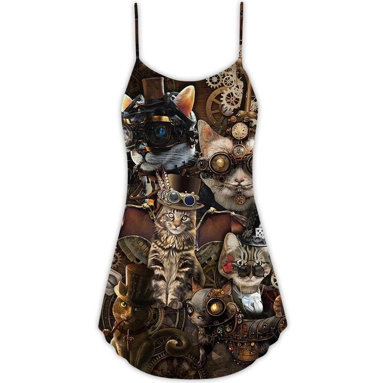 Cat Steampunk We're All Mad Here - V-Neck Sleeveless Cami Dress