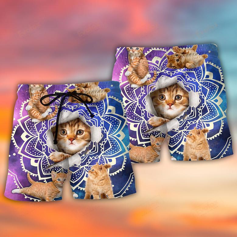 Cat Tabby Cat Yoga Galaxy Yoga Pose Funny Beach Short