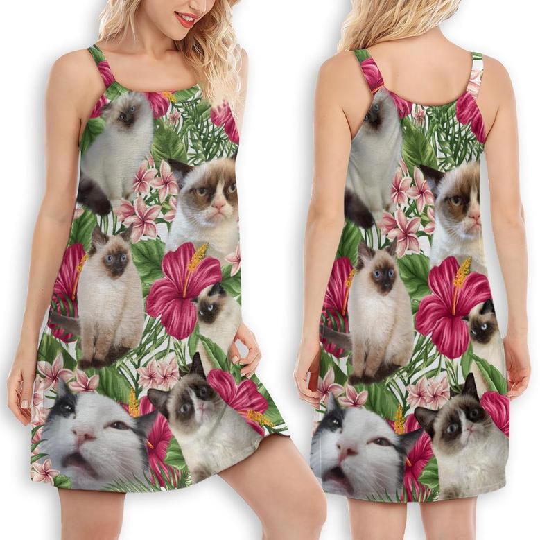 Cat Tropical Floral Lovely Siamese Cat - Women's Sleeveless Cami Dress