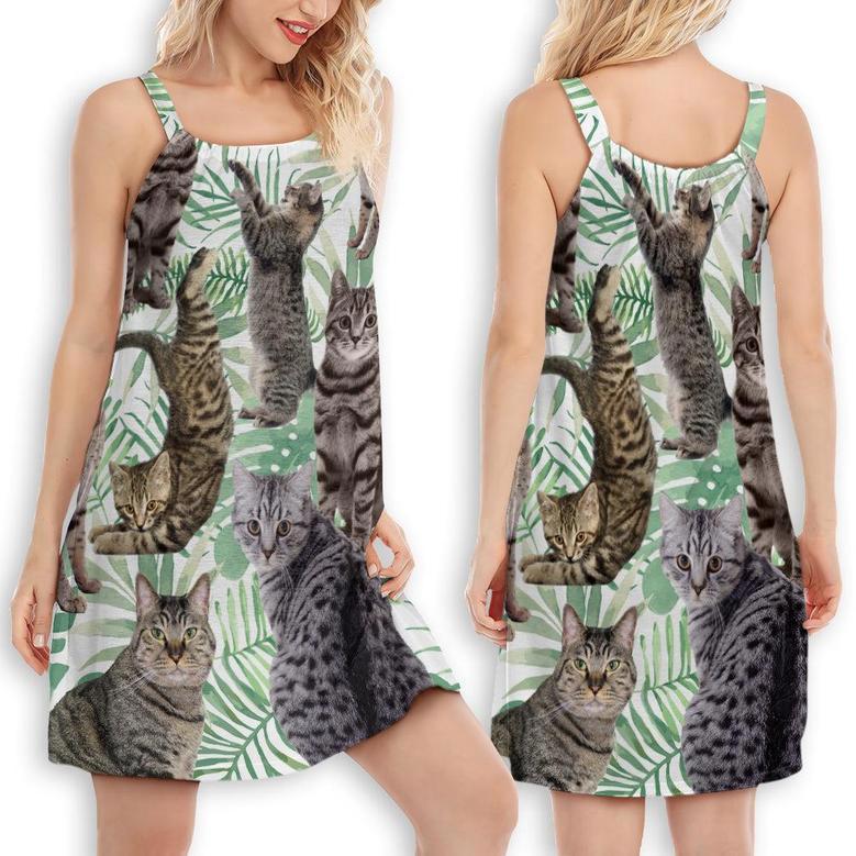 Cat Tropical Leaf Tabby Cat - Women's Sleeveless Cami Dress