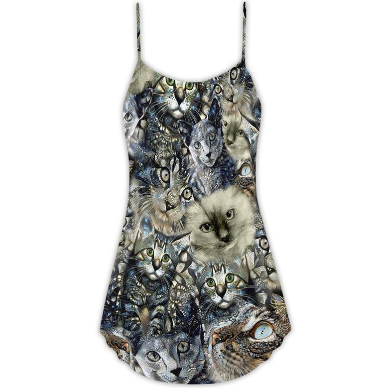 Cat Vintage Neutral Flower Cool - V-Neck Sleeveless Cami Dress