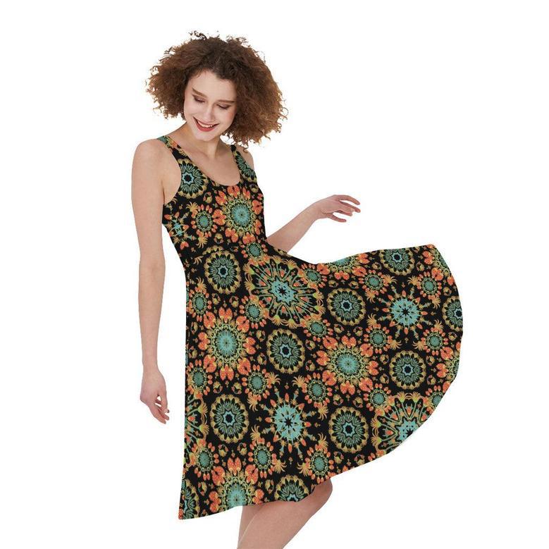 Chaotic Boho Floral Pattern Print Sleeveless Knee Length Dress