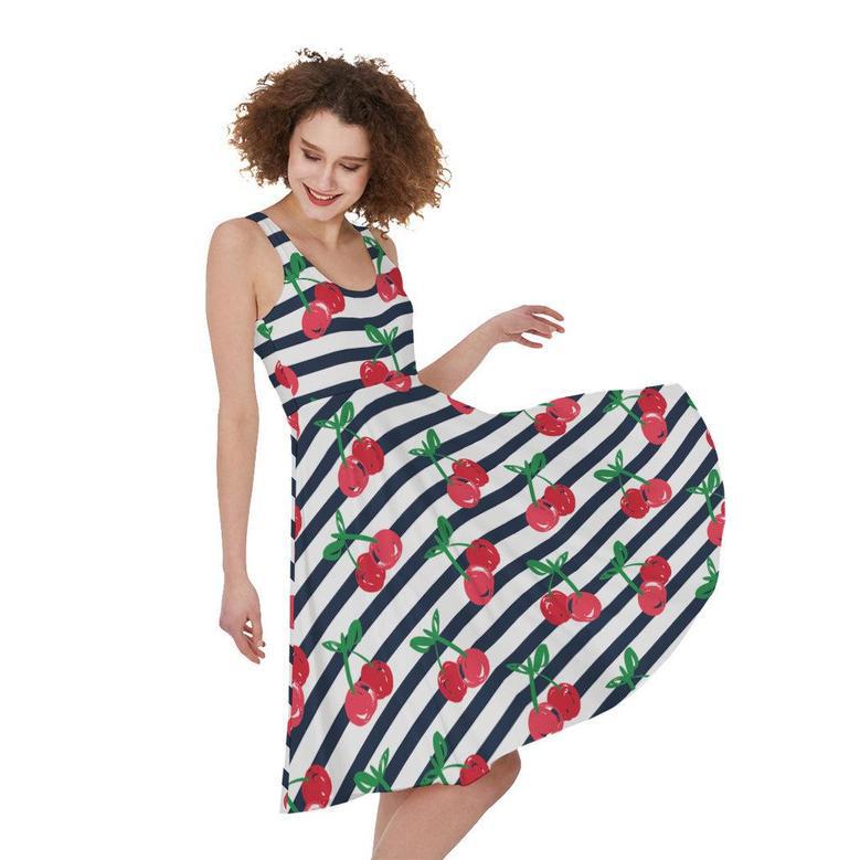 Cherry Striped Pattern Print Sleeveless Knee Length Dress