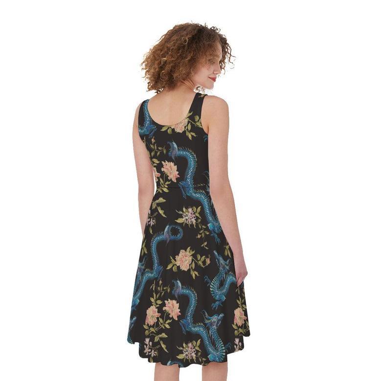 Chinese Dragon And Flower Pattern Print Sleeveless Knee Length Dress