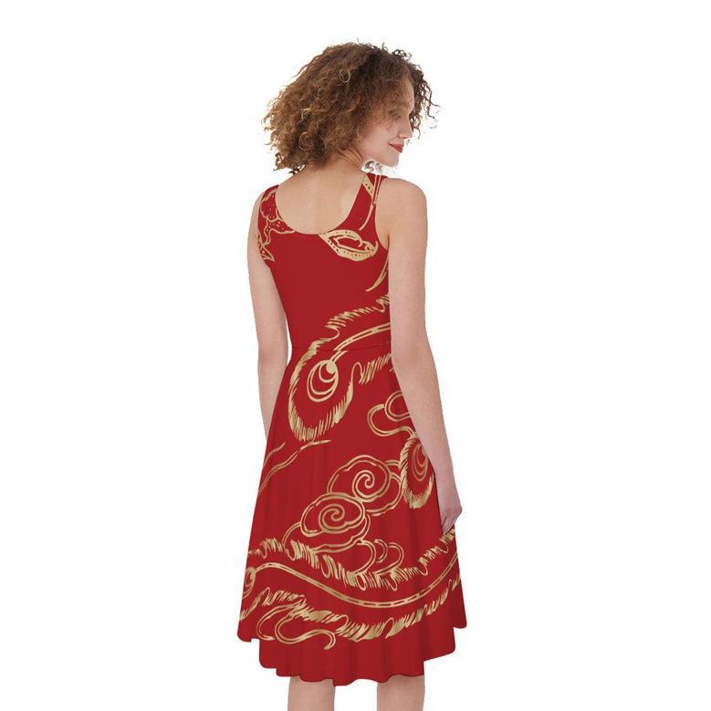 Chinese Phoenix Print Sleeveless Knee Length Dress