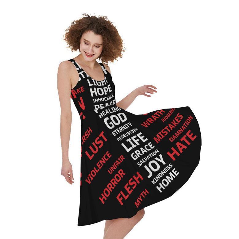 Christian Cross Religious Words Print Sleeveless Knee Length Dress