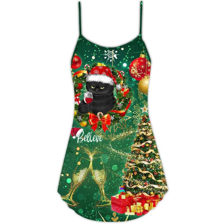 Christmas Black Cat Drinking Happy Christmas Tree Green Light - V-Neck Sleeveless Cami Dress