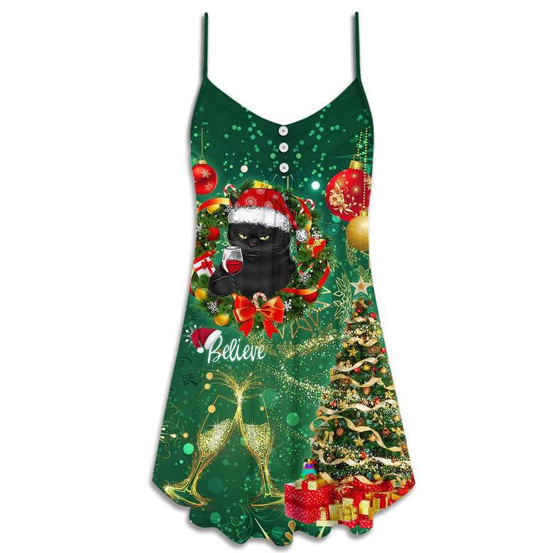 Christmas Black Cat Drinking Happy Christmas Tree Green Light - V-Neck Sleeveless Cami Dress