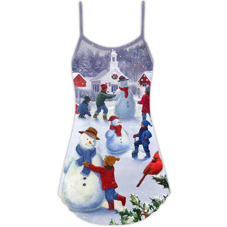 Christmas Children Love Snowman In The Christmas Town - V-Neck Sleeveless Cami Dress