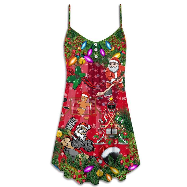 Christmas Come On Play Hockey With Santa Claus And Reindeer - V-Neck Sleeveless Cami Dress