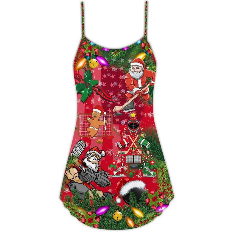 Christmas Come On Play Hockey With Santa Claus And Reindeer - V-Neck Sleeveless Cami Dress