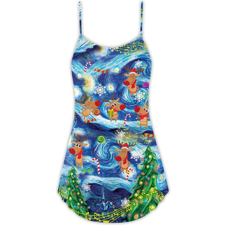 Christmas Dancing Reindeers Happy - V-Neck Sleeveless Cami Dress