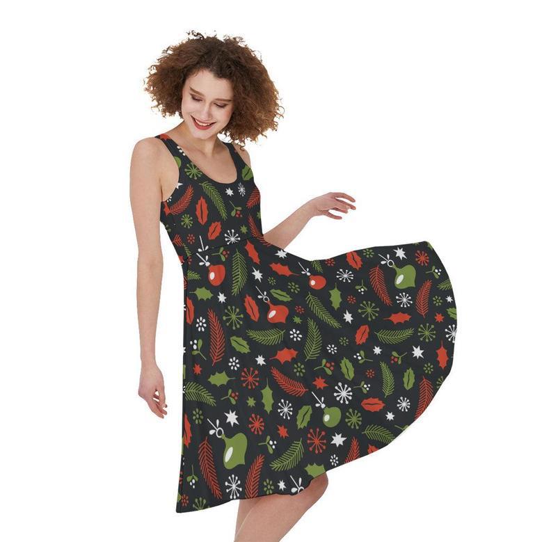 Christmas Decorations Pattern Print Sleeveless Knee Length Dress