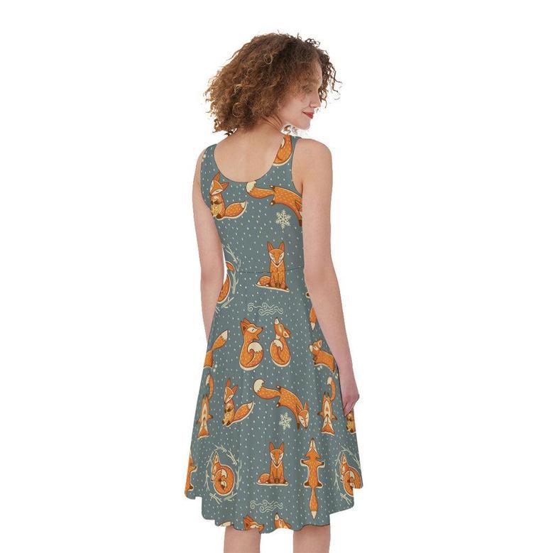 Christmas Fox Pattern Print Sleeveless Knee Length Dress