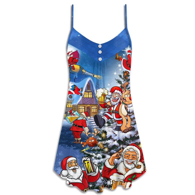 Christmas Funny Santa Claus Drinking Beer Troll Xmas - V-Neck Sleeveless Cami Dress