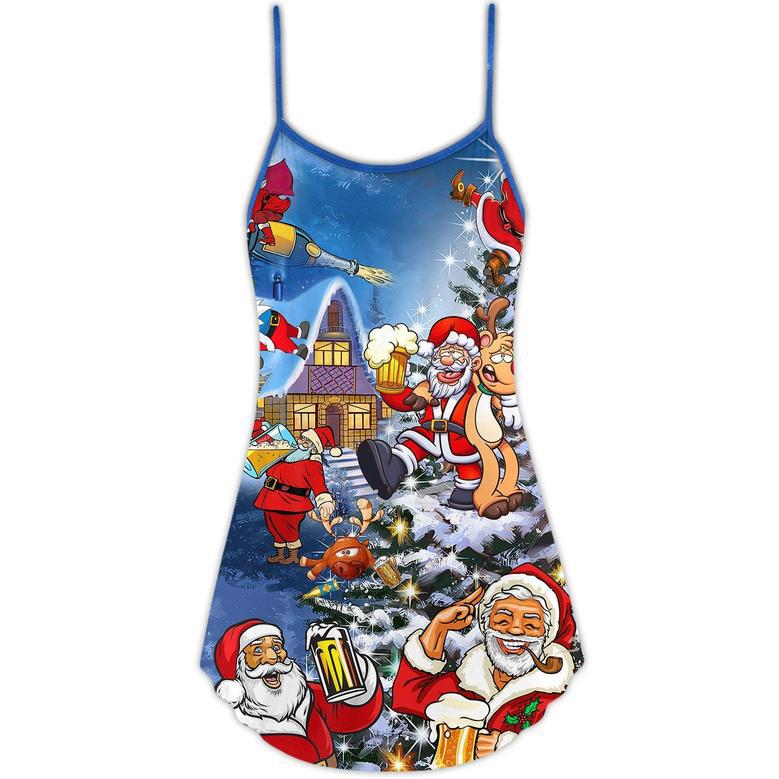 Christmas Funny Santa Claus Drinking Beer Troll Xmas - V-Neck Sleeveless Cami Dress