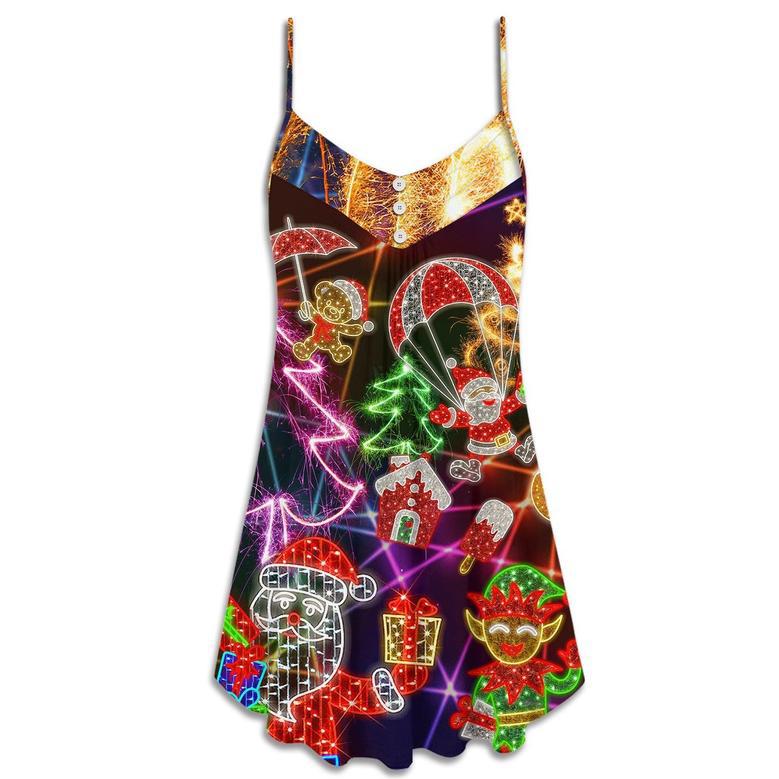 Christmas Funny Santa Claus Tree Elf Gingerbread Neon Light Style - V-Neck Sleeveless Cami Dress