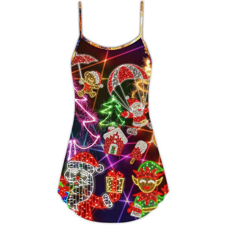 Christmas Funny Santa Claus Tree Elf Gingerbread Neon Light Style - V-Neck Sleeveless Cami Dress