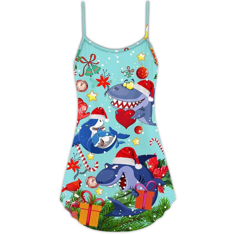 Christmas Funny Shark Love Christmas - V-Neck Sleeveless Cami Dress