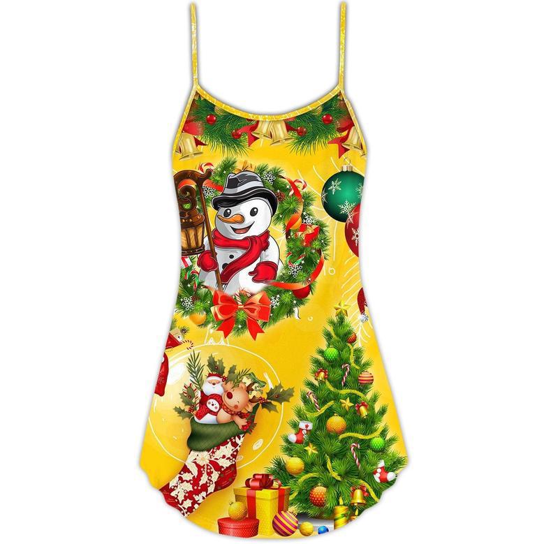 Christmas Funny Snowman Happy Christmas Tree Yellow Light - V-Neck Sleeveless Cami Dress