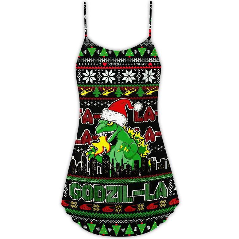 Christmas Godzila Falalalala Xmas - V-Neck Sleeveless Cami Dress