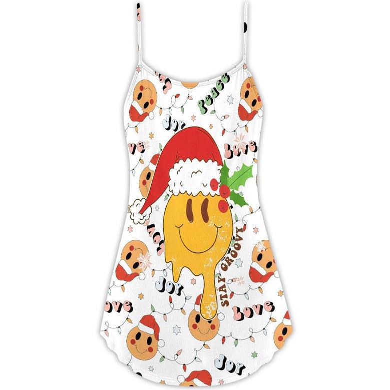 Christmas Hippie Groovy Santa Claus Smile Face - V-Neck Sleeveless Cami Dress