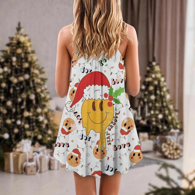 Christmas Hippie Groovy Santa Claus Smile Face - V-Neck Sleeveless Cami Dress