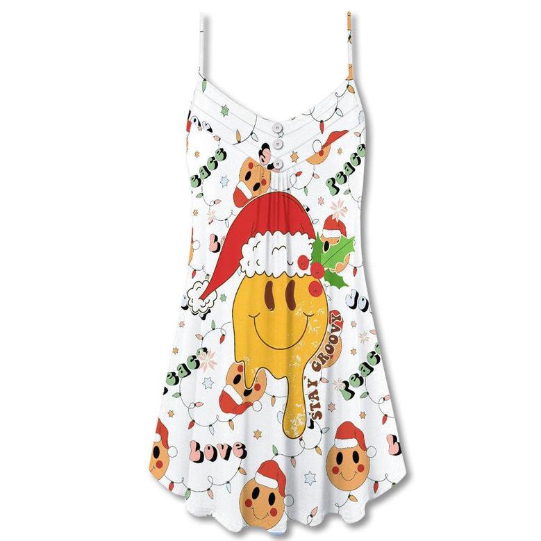 Christmas Hippie Groovy Santa Claus Smile Face - V-Neck Sleeveless Cami Dress