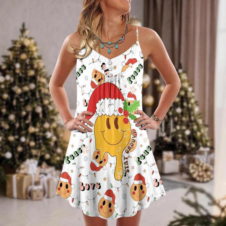 Christmas Hippie Groovy Santa Claus Smile Face - V-Neck Sleeveless Cami Dress