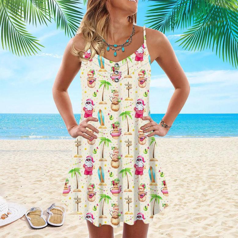 Christmas In July Santa On Beach Spaghetti Strap Summer Dress