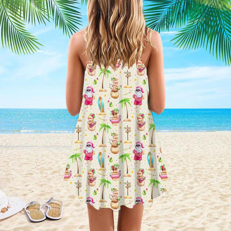 Christmas In July Santa On Beach Spaghetti Strap Summer Dress