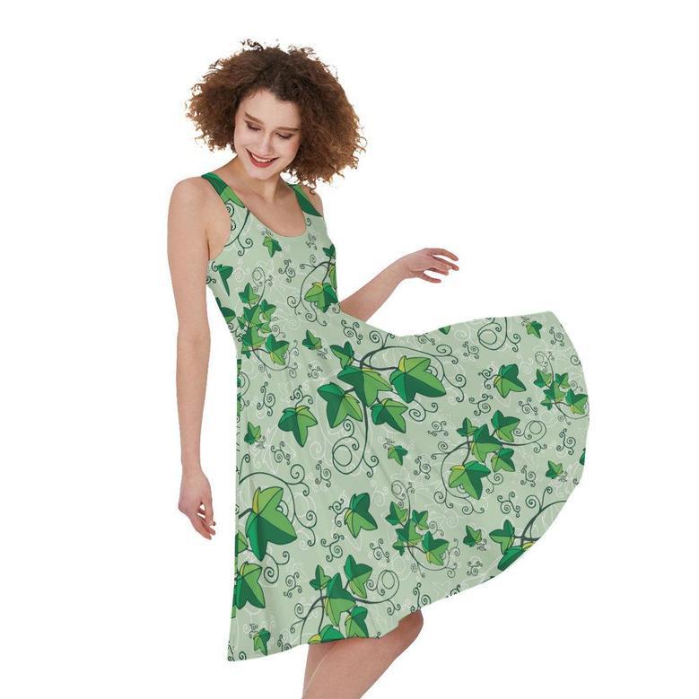 Christmas Ivy Leaf Pattern Print Sleeveless Knee Length Dress