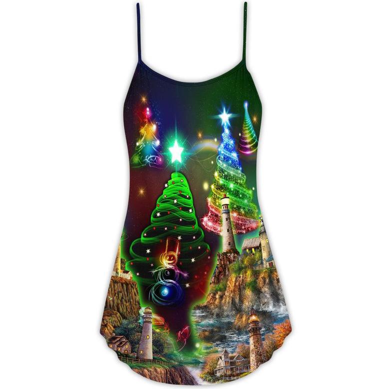 Christmas Lighthouse And Merry Christmas Happy - V-Neck Sleeveless Cami Dress