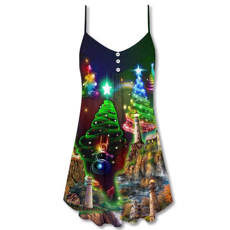 Christmas Lighthouse And Merry Christmas Happy - V-Neck Sleeveless Cami Dress