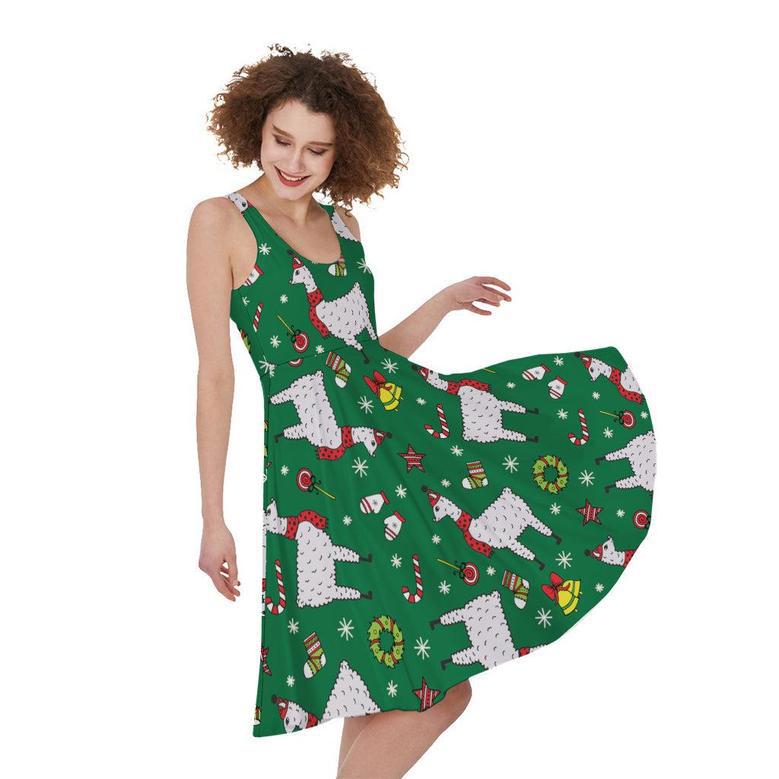 Christmas Llama Pattern Print Sleeveless Knee Length Dress