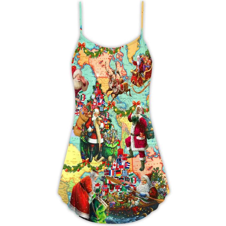 Christmas Love Santa World Map - V-Neck Sleeveless Cami Dress