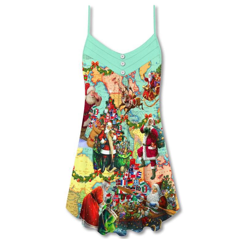 Christmas Love Santa World Map - V-Neck Sleeveless Cami Dress