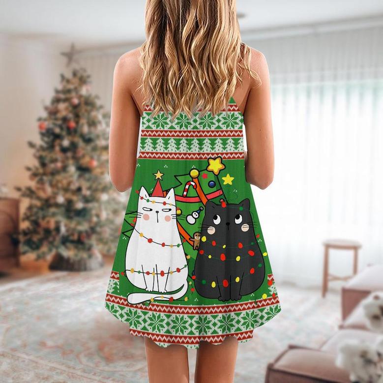 Christmas Meowy Cat Wreck The Tree - V-Neck Sleeveless Cami Dress