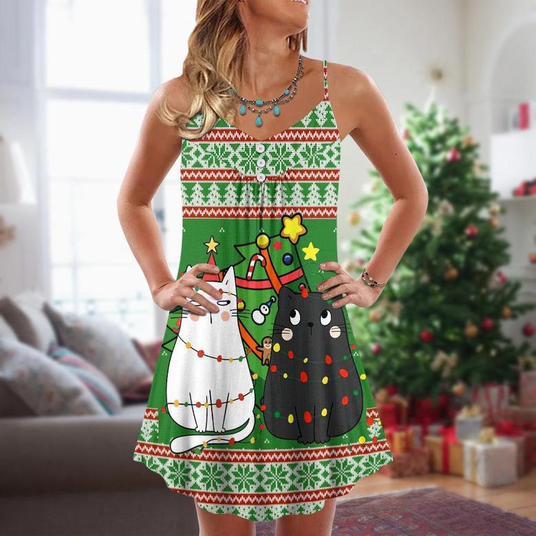 Christmas Meowy Cat Wreck The Tree - V-Neck Sleeveless Cami Dress