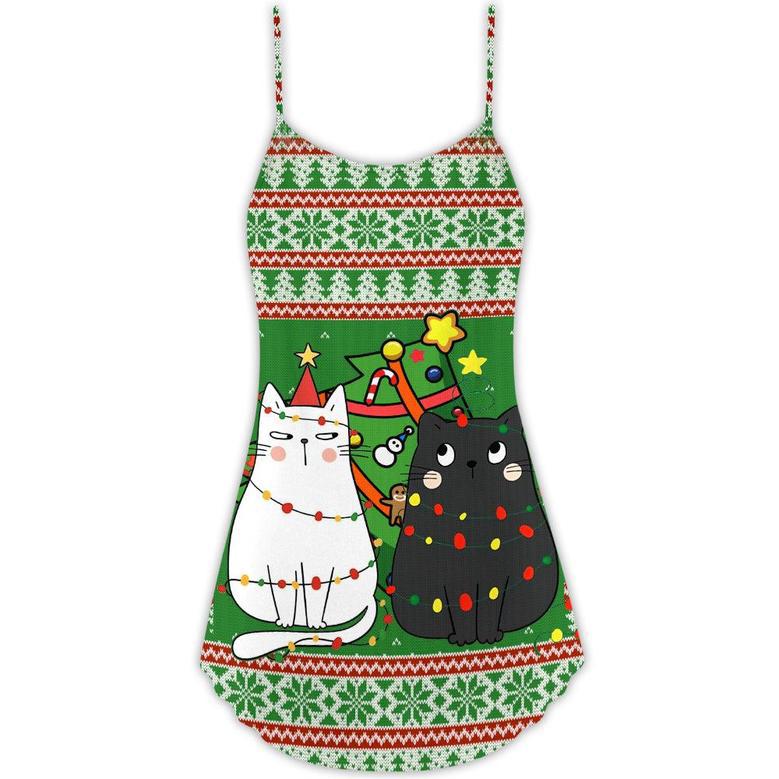 Christmas Meowy Cat Wreck The Tree - V-Neck Sleeveless Cami Dress