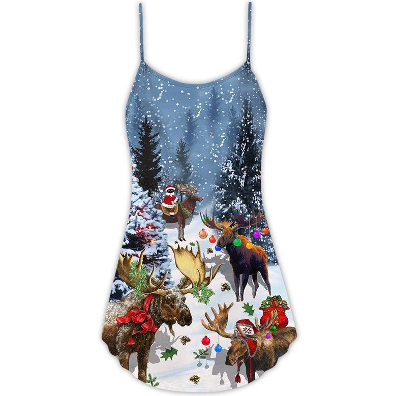 Christmas Merry Christ Moose Snow - V-Neck Sleeveless Cami Dress