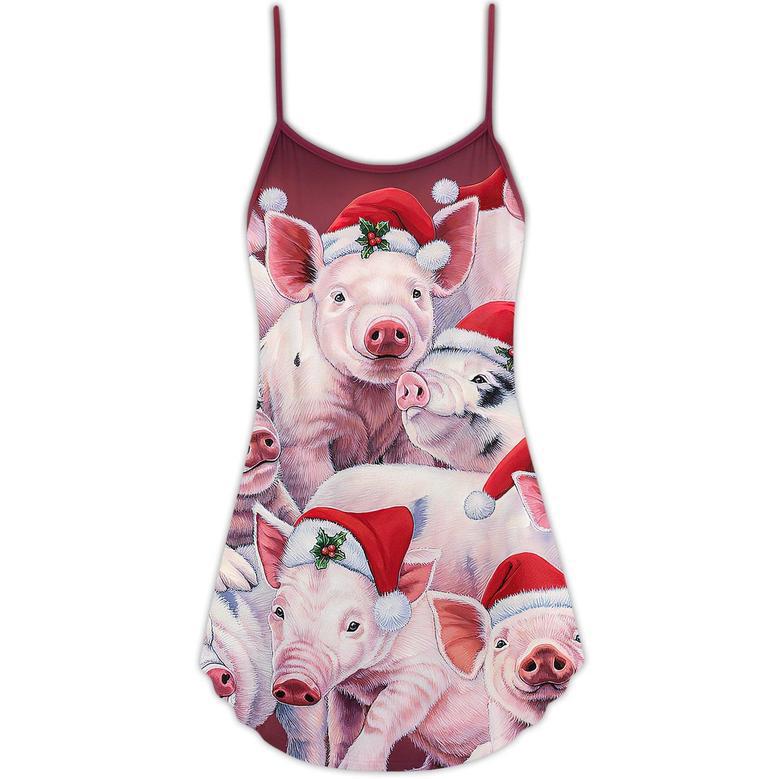 Christmas Piggies Funny Xmas Is Coming Art Style - V-Neck Sleeveless Cami Dress