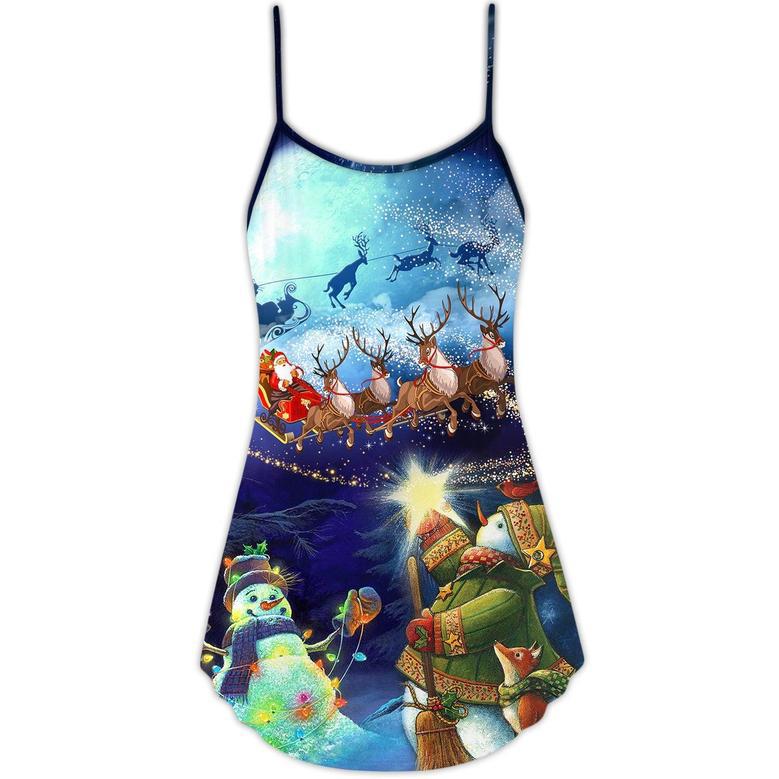 Christmas Rudolph Santa Claus Reindeer Snowman Light Art Style - V-Neck Sleeveless Cami Dress