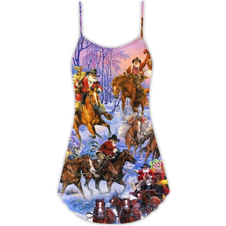 Christmas Santa And Horse Ho Ho Ho Everywhere Merry Xmas - V-Neck Sleeveless Cami Dress