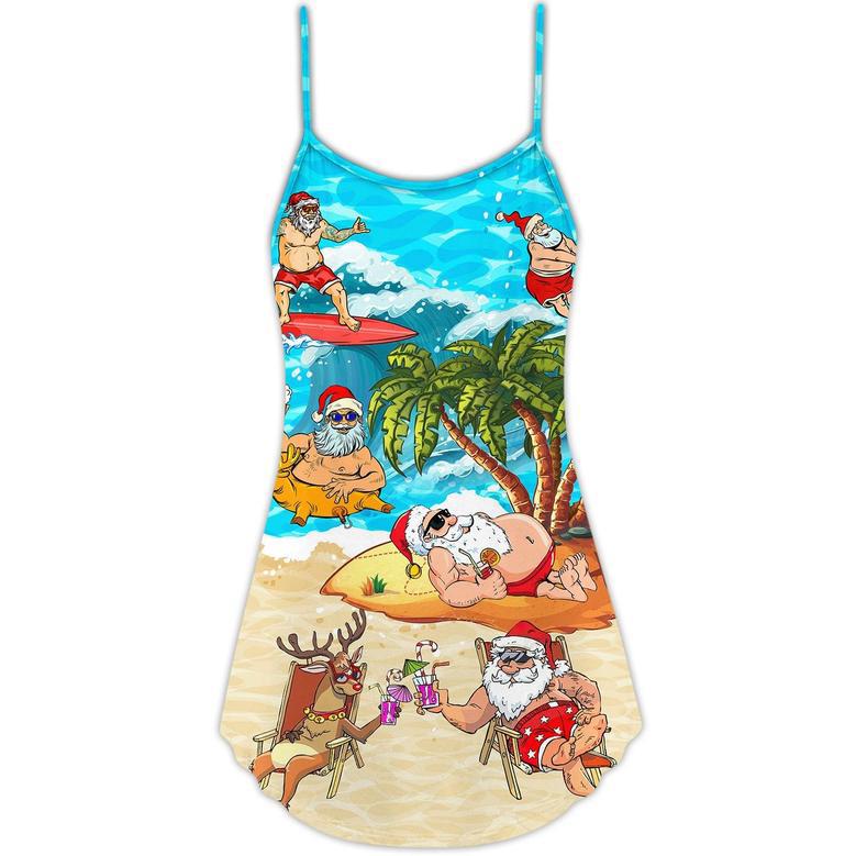 Christmas Santa Claus Chilling On The Beach Mele Kalikimaka Funny - V-Neck Sleeveless Cami Dress