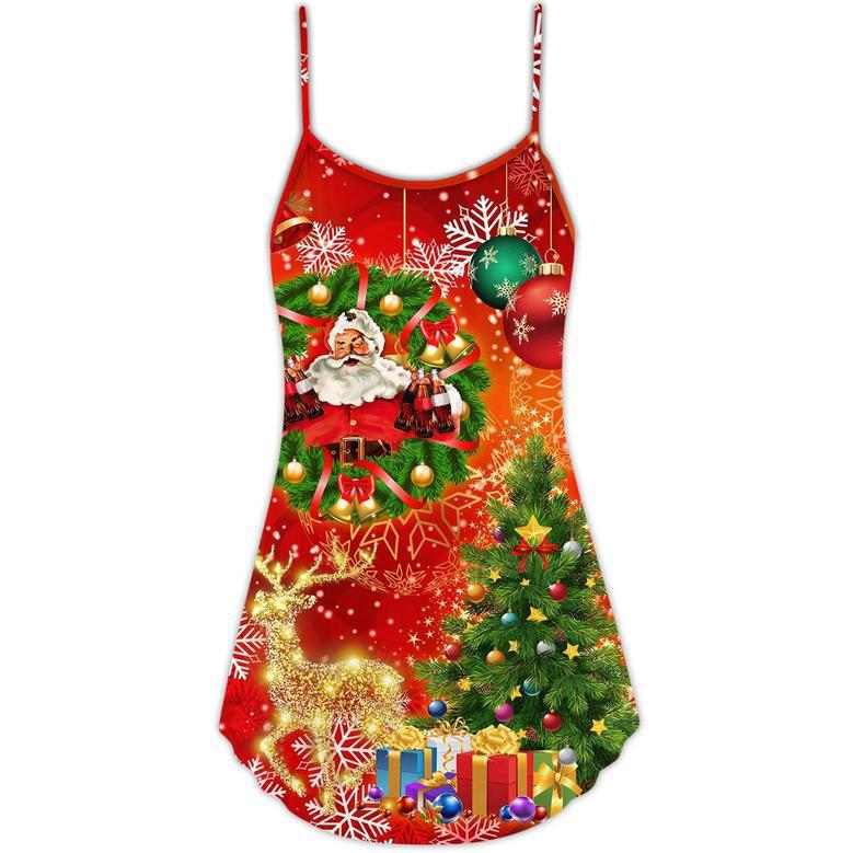 Christmas Santa Claus Drinking Christmas Tree Red Light - V-Neck Sleeveless Cami Dress