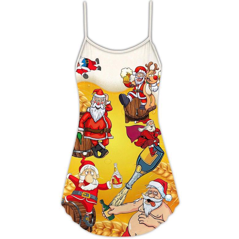 Christmas Santa Claus Drunk Beer Funny Troll Xmas - V-Neck Sleeveless Cami Dress